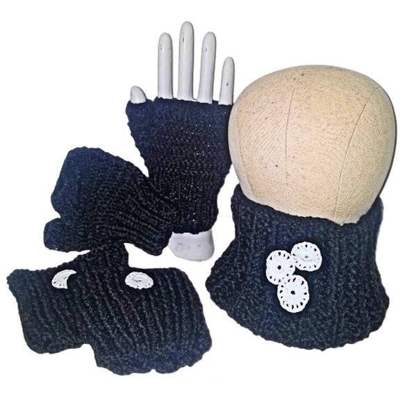 Hand Crafted Accessories - Winter Fingerless Gloves Neck Warmer & Boot Cuffs Knit Set Black White Warm